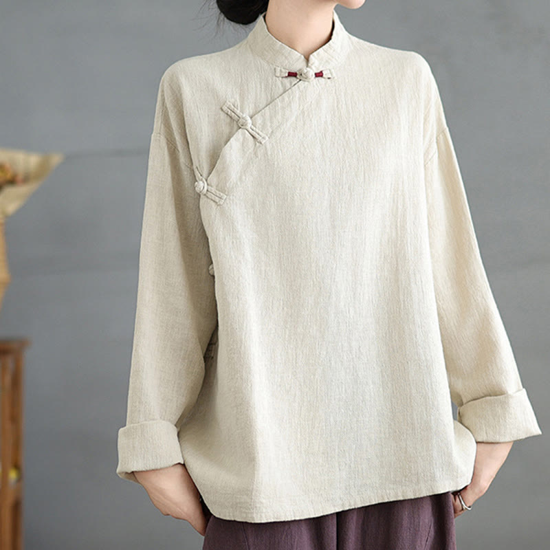 Buddha Stones無地 フロッグボタン 長袖 レディース シャツ - リネン - US8-10，UK/AU12-14，EU40-42 (2XL) - image 0