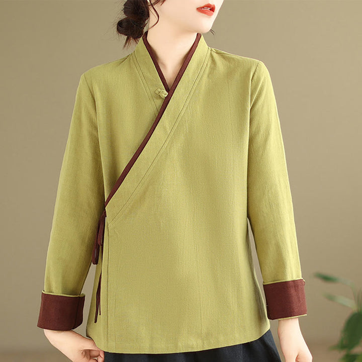 Buddha Stonesの秋の無地漢服長袖レースアップレディースシャツ - image 9