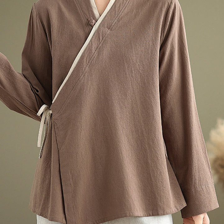 Buddha Stonesの秋の無地漢服長袖レースアップレディースシャツ - image 23