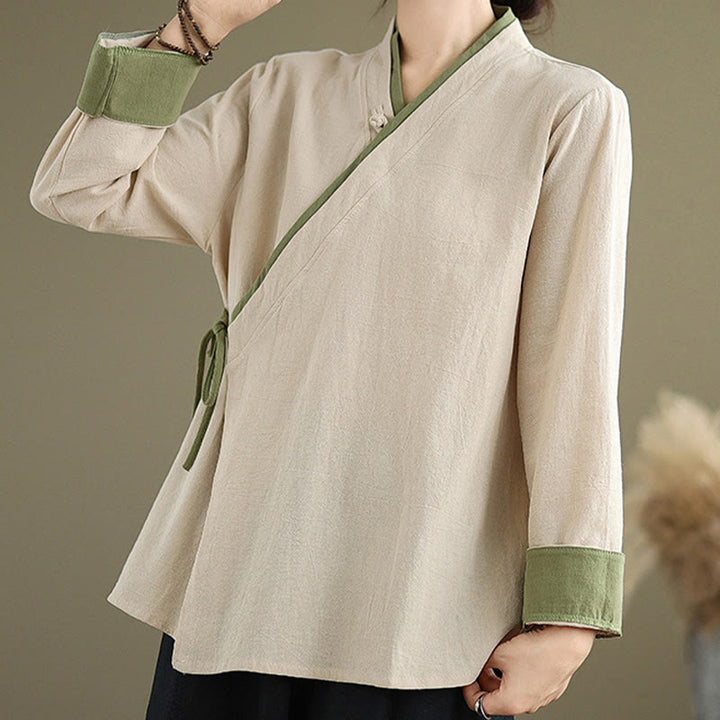 Buddha Stonesの秋の無地漢服長袖レースアップレディースシャツ - image 4