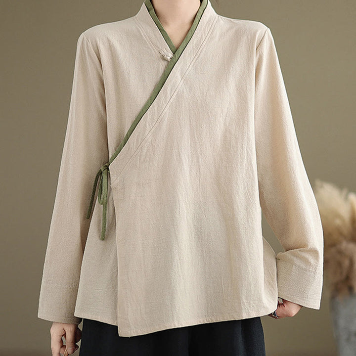 Buddha Stonesの秋の無地漢服長袖レースアップレディースシャツ - image 2