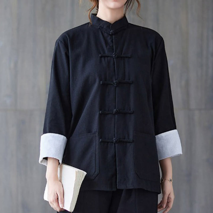 Buddha Stonesレディース フロッグボタン 長袖シャツ パンツ 瞑想用 コットンリネン 衣類 - 黒シャツ - US8-10，UK/AU12-14，EU40-42 (2XL) - image 4