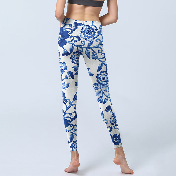 Buddha Stones、青い花、葉、枝のプリントジムレギンス、レディースヨガパンツ - image 6