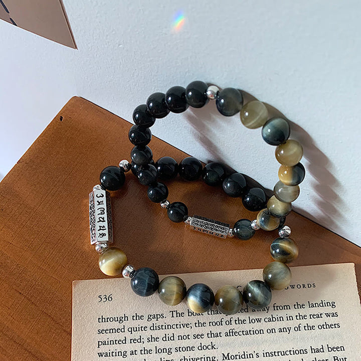 Buddha Stones天然黒曜石 タイガーアイ 6つの真実の言葉「om Mani Padme Hum」 強さと愛のブレスレット