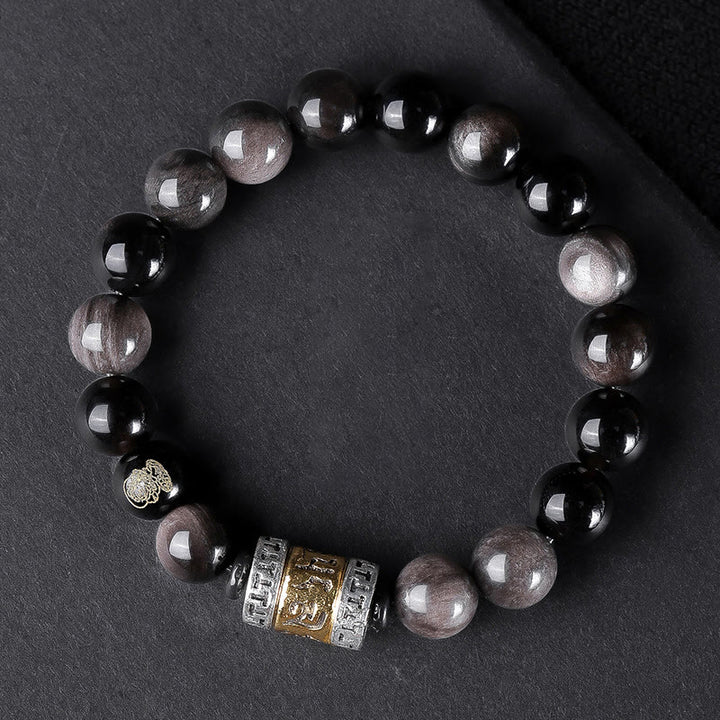 Buddha Stones天然シルバー光沢オブシディアン タイガーアイ 6つの真実の言葉「オーム・マニ・パドメ・フム」強さブレスレット