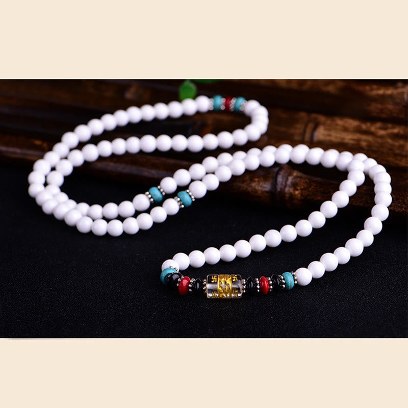 Buddha Stones 108 個のMalaビーズ 白磁 6 つの真実の言葉「Om Mani Padme Hum」忍耐ブレスレット
