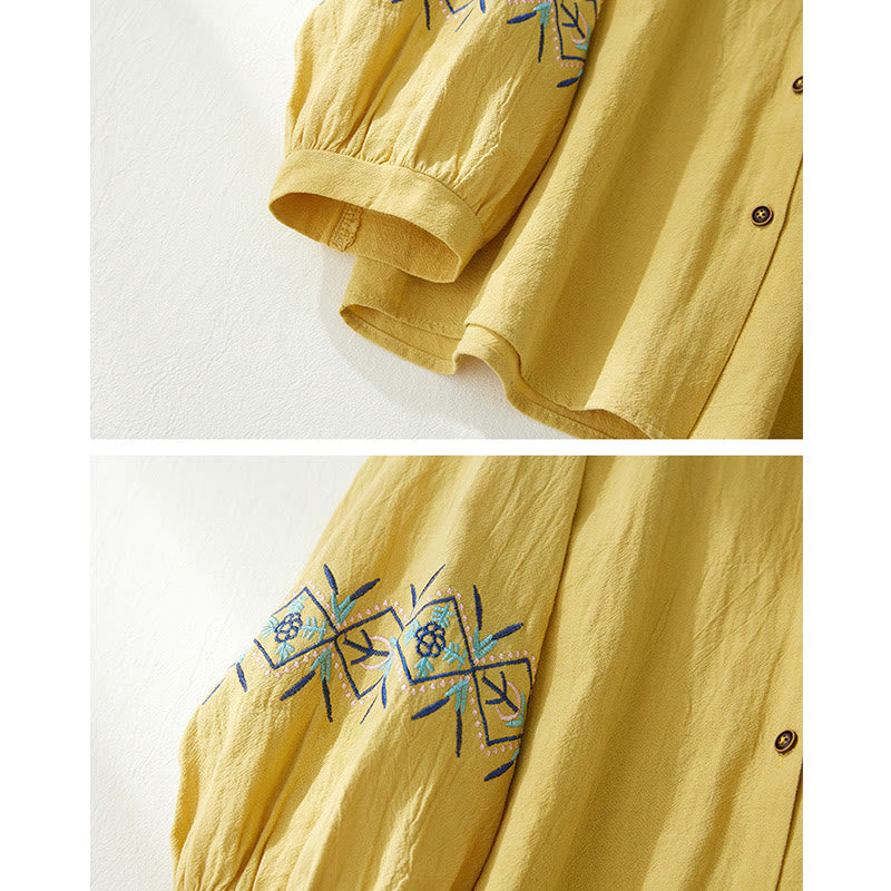 Buddha Stones幾何学刺繍長袖ボタンコットンリネンレディースシャツ - image 7