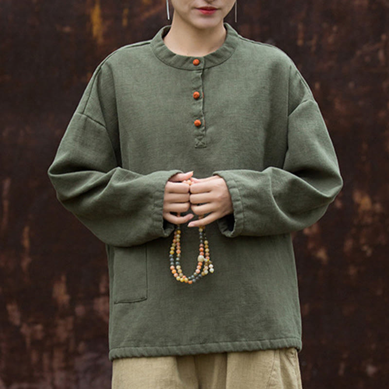 Buddha Stonesレトロ 無地 サーマル 長袖 ラミー リネン レディース シャツ - image 10