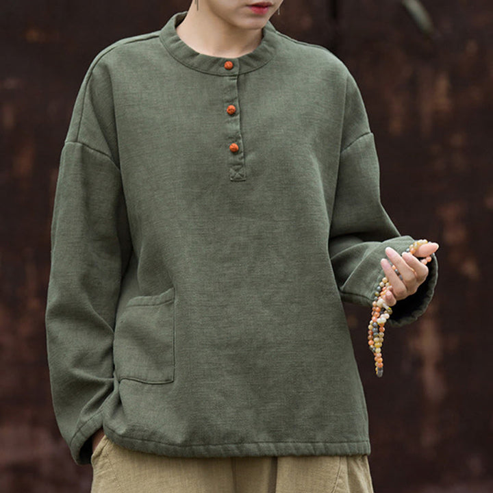 Buddha Stonesレトロ 無地 サーマル 長袖 ラミー リネン レディース シャツ - image 11