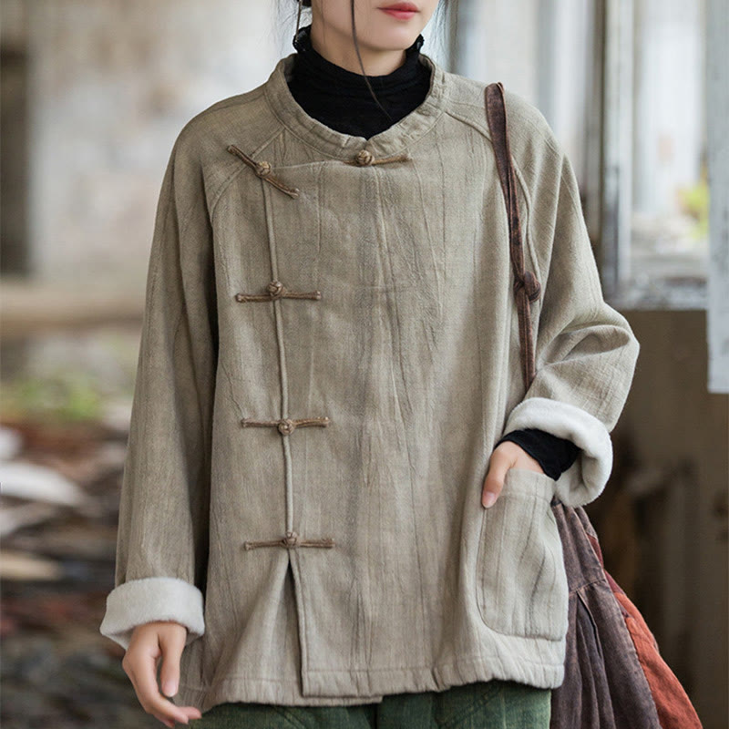 Buddha Stones無地 フロッグボタン サーマル 長袖 ラミー リネン レディース シャツ - オート麦 - US4-12、 UK/AU8-16、 EU36-44 (F) - image 0