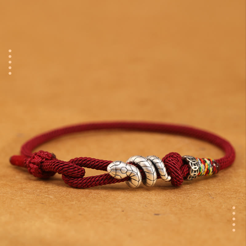 Buddha Stones赤紐925 スターリングシルバー 蛇年 コインリング 蛇の幸運ブレスレット - 濃い赤色 - 18～20cm - image 0