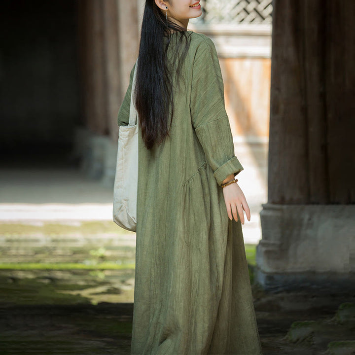 Buddha Stones無地 チャイナ Vネック 長袖 ラミー リネン ミディドレス - image 4