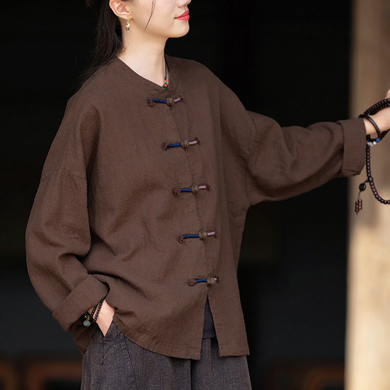 Buddha Stones無地 ツーカラー フロッグボタン 長袖 ラミー リネン レディース シャツ - image 11