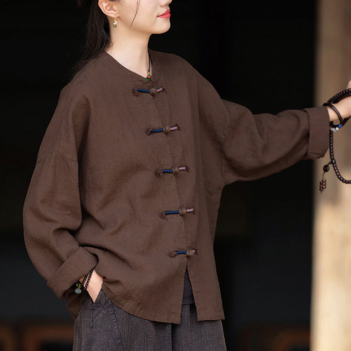 Buddha Stones無地 ツーカラー フロッグボタン 長袖 ラミー リネン レディース シャツ - image 11