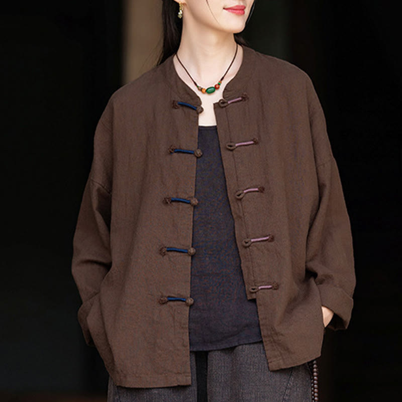 Buddha Stones無地 ツーカラー フロッグボタン 長袖 ラミー リネン レディース シャツ - image 18