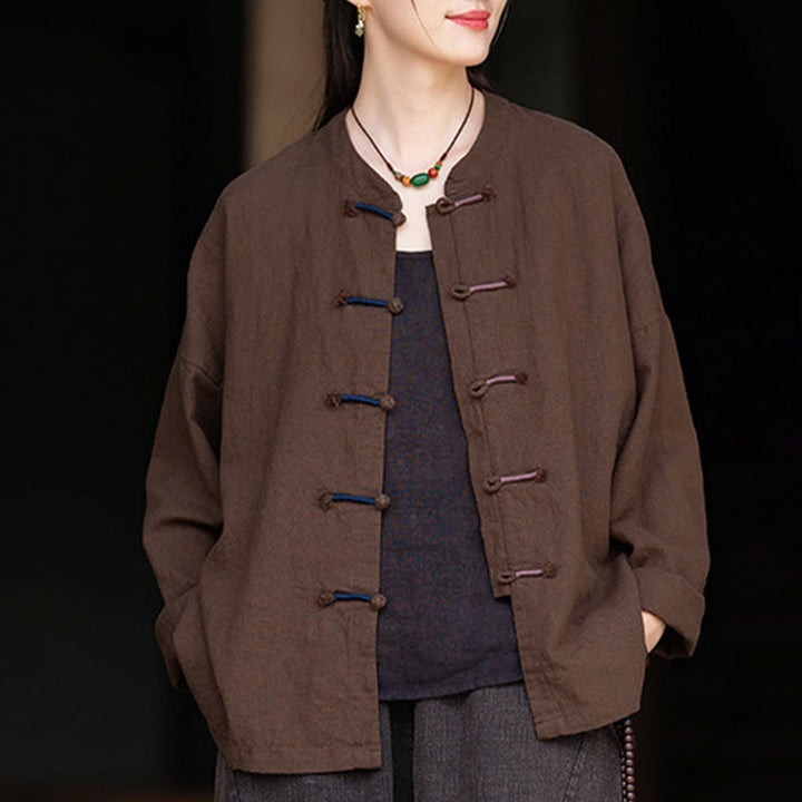 Buddha Stones無地 ツーカラー フロッグボタン 長袖 ラミー リネン レディース シャツ - image 18