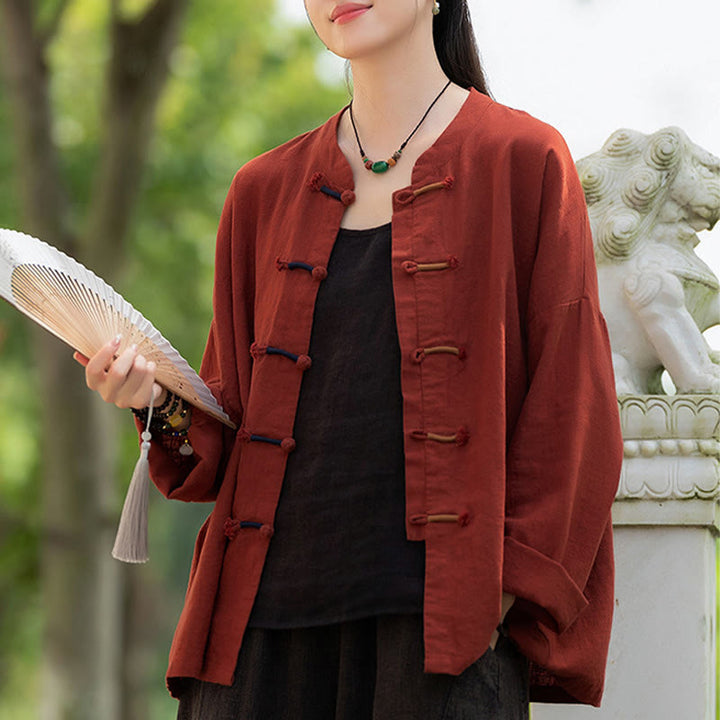 Buddha Stones無地 ツーカラー フロッグボタン 長袖 ラミー リネン レディース シャツ - image 29