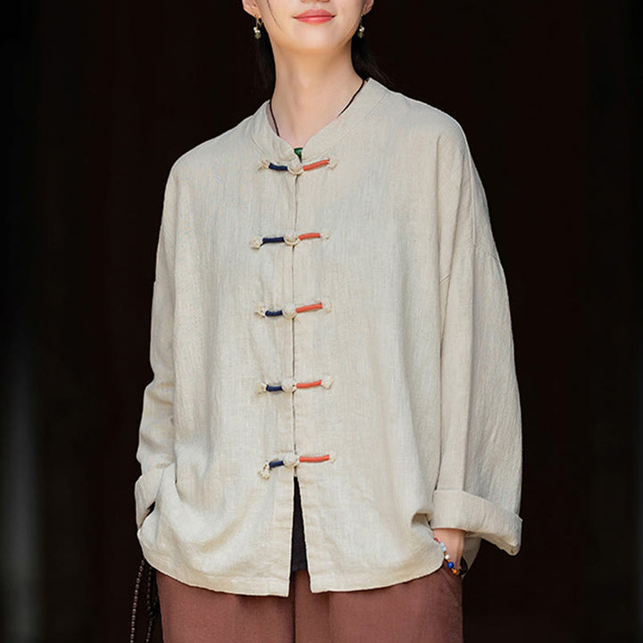 Buddha Stones無地 ツーカラー フロッグボタン 長袖 ラミー リネン レディース シャツ - ベージュ - US4-12、 UK/AU8-16、 EU36-44 (F) - image 0