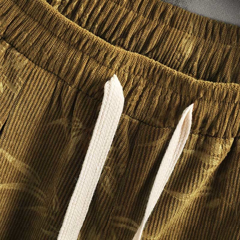 Buddha Stonesと竹の葉のコーデュロイドローストリングコットンメンズワイドレッグパンツ（ポケット付き） - image 7