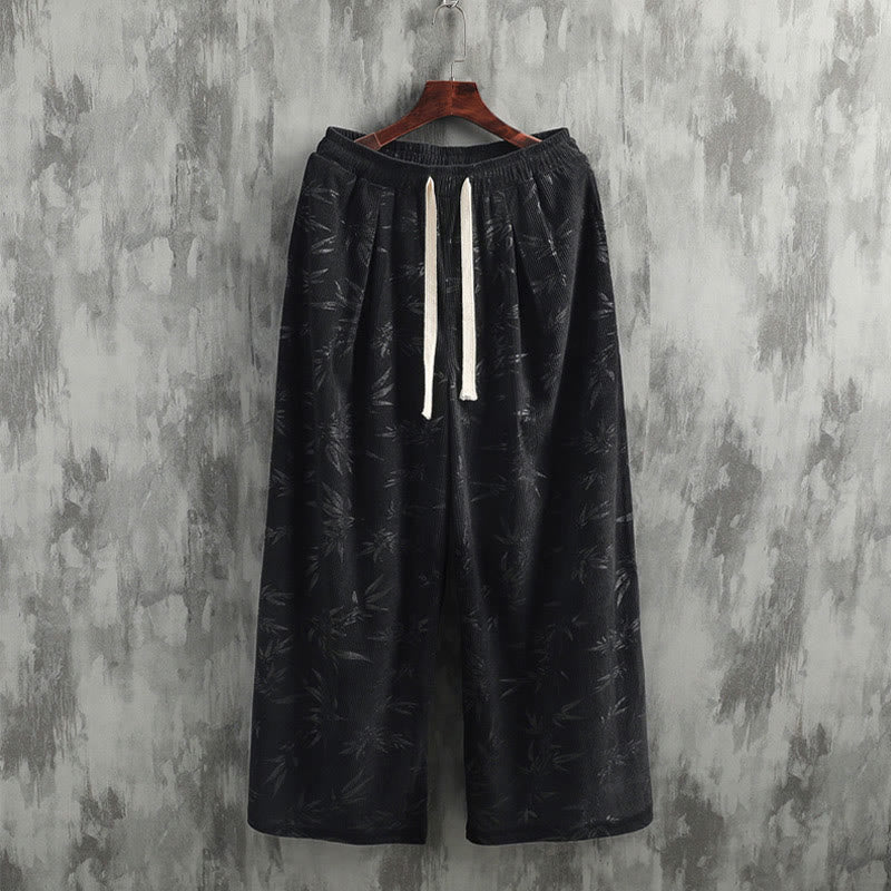 Buddha Stonesと竹の葉のコーデュロイドローストリングコットンメンズワイドレッグパンツ（ポケット付き） - image 14