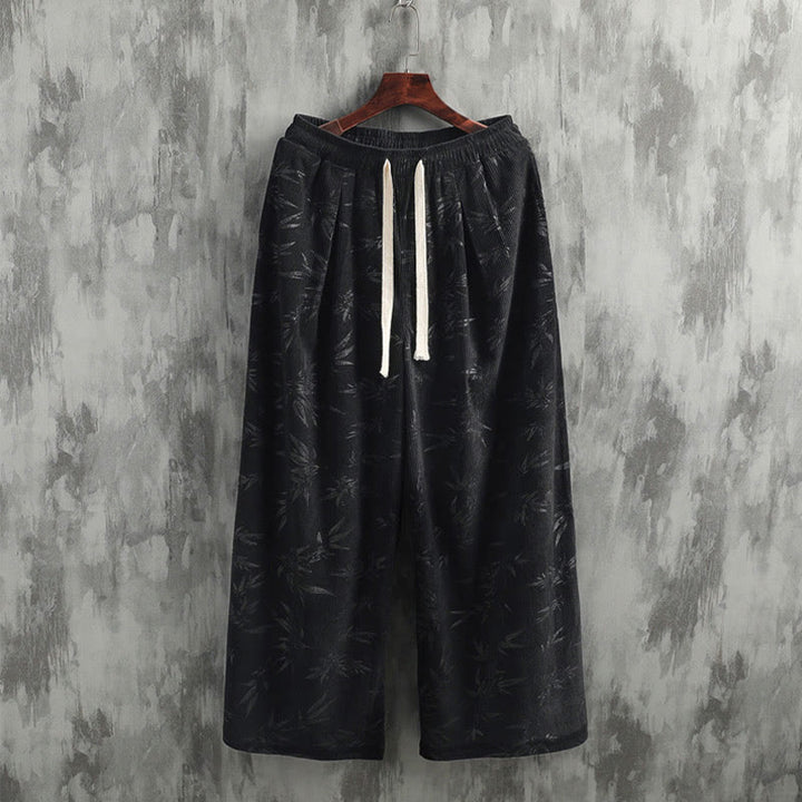 Buddha Stonesと竹の葉のコーデュロイドローストリングコットンメンズワイドレッグパンツ（ポケット付き） - image 14