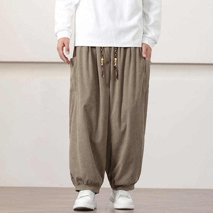 Buddha Stones無地コーデュロイドローストリングメンズハーレムパンツ（ポケット付き） - image 22