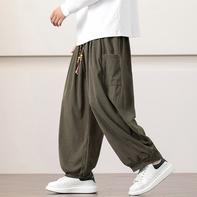 Buddha Stones無地コーデュロイドローストリングメンズハーレムパンツ（ポケット付き） - image 7