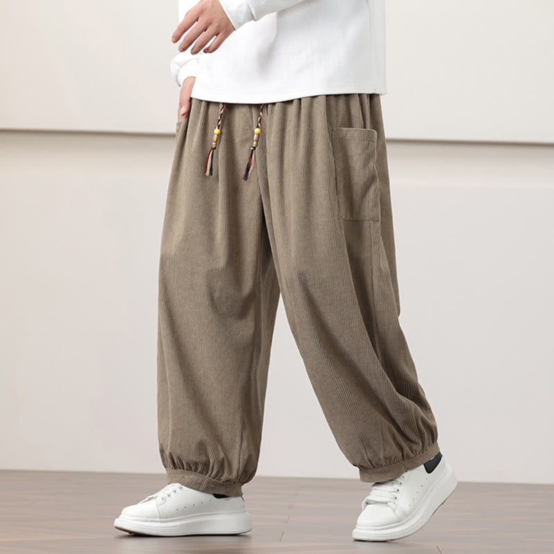 Buddha Stones無地コーデュロイドローストリングメンズハーレムパンツ（ポケット付き） - ダークカーキ - US/UK/AU46、 EU56 (5XL) - image 21