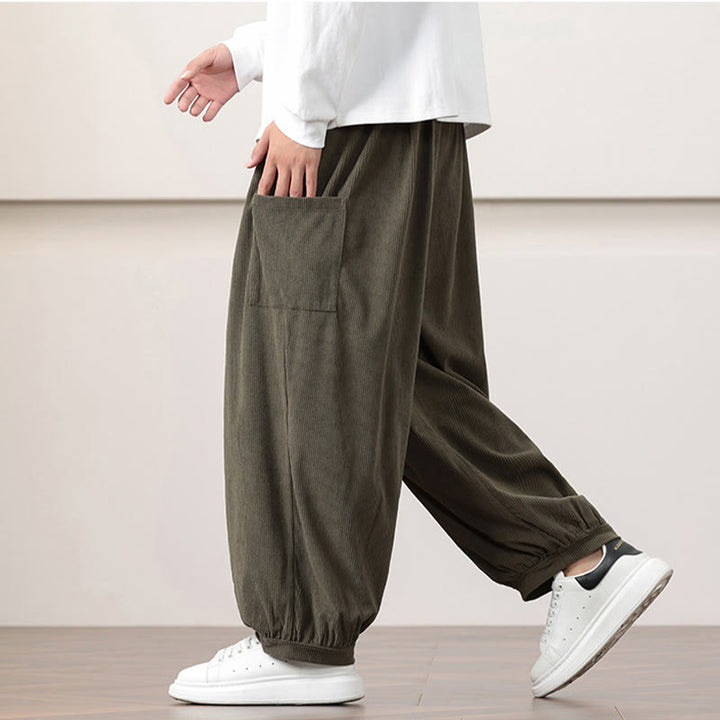 Buddha Stones無地コーデュロイドローストリングメンズハーレムパンツ（ポケット付き） - image 5