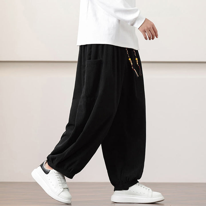 Buddha Stones無地コーデュロイドローストリングメンズハーレムパンツ（ポケット付き） - image 15