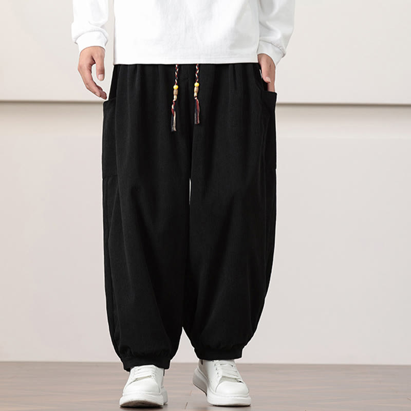 Buddha Stones無地コーデュロイドローストリングメンズハーレムパンツ（ポケット付き） - image 10