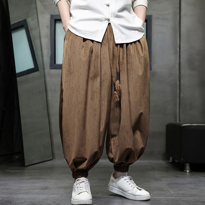 Buddha Stones無地コーデュロイドローストリングサーマルメンズハーレムパンツ（ポケット付き） - image 1