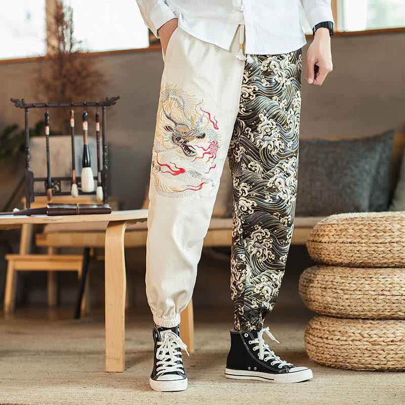 Buddha Stones龍柄ツートンポケット付きメンズパンツ - 白 - US/UK/AU46、 EU56 (5XL) - image 8