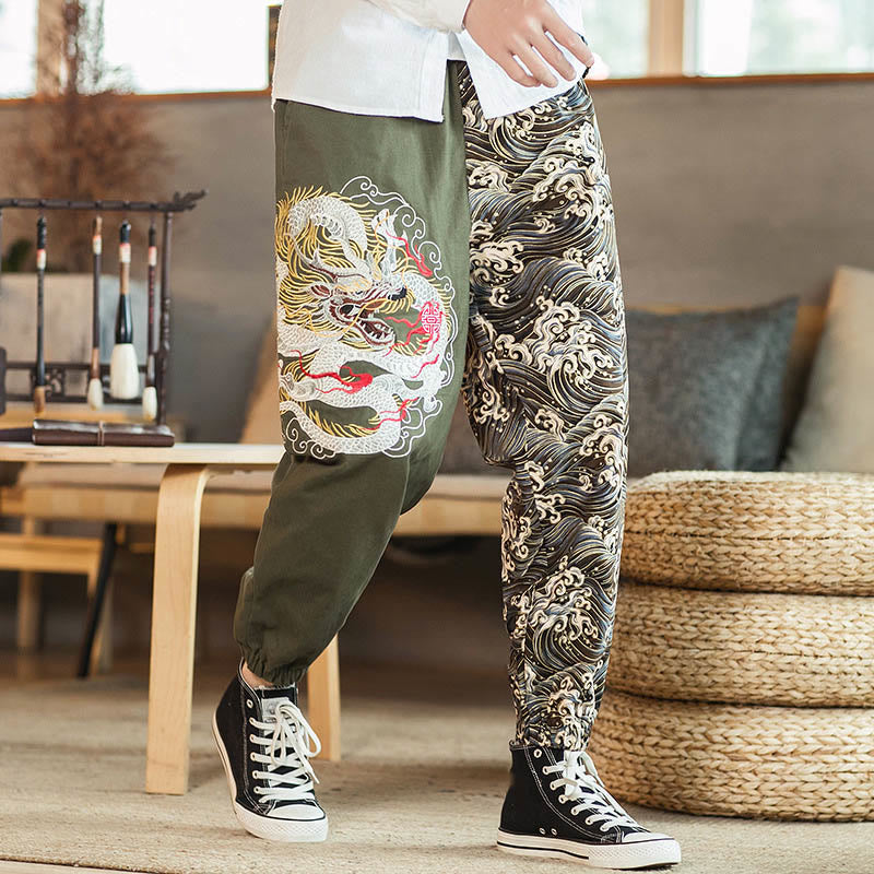 Buddha Stones龍柄ツートンポケット付きメンズパンツ - オリーブドラブ - US/UK/AU46、 EU56 (5XL) - image 11