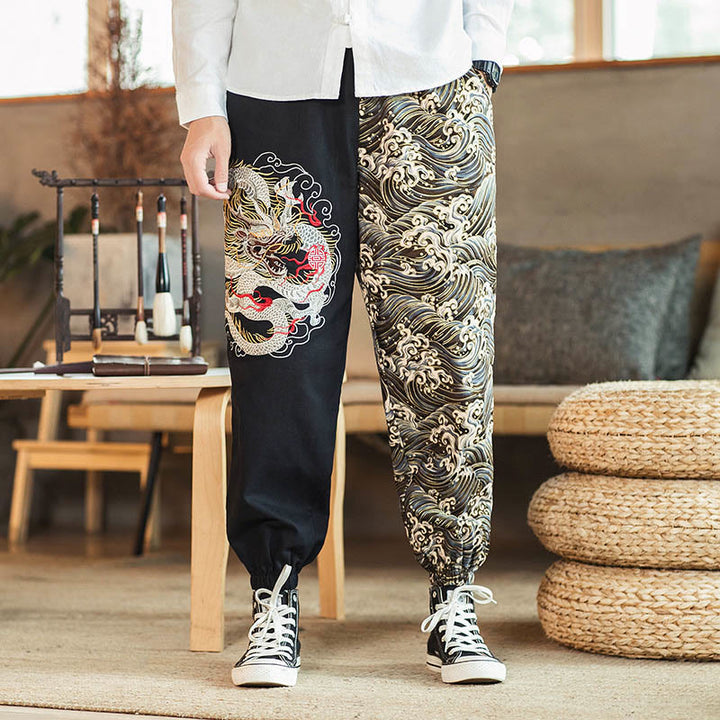 Buddha Stones龍柄ツートンポケット付きメンズパンツ - 黒 - US/UK/AU46、 EU56 (5XL) - image 0