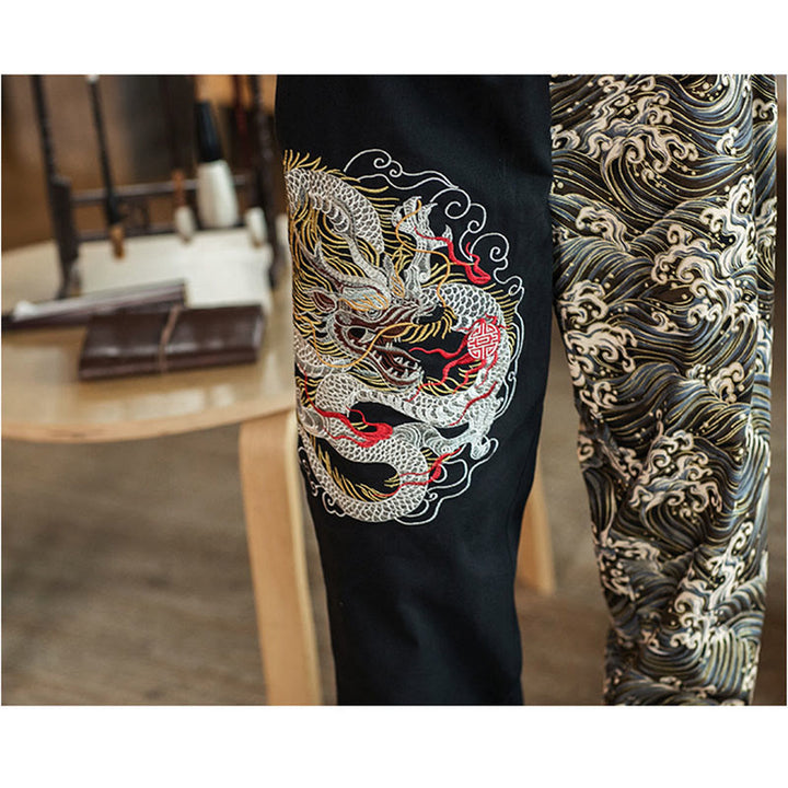 Buddha Stones龍柄ツートンポケット付きメンズパンツ - image 3