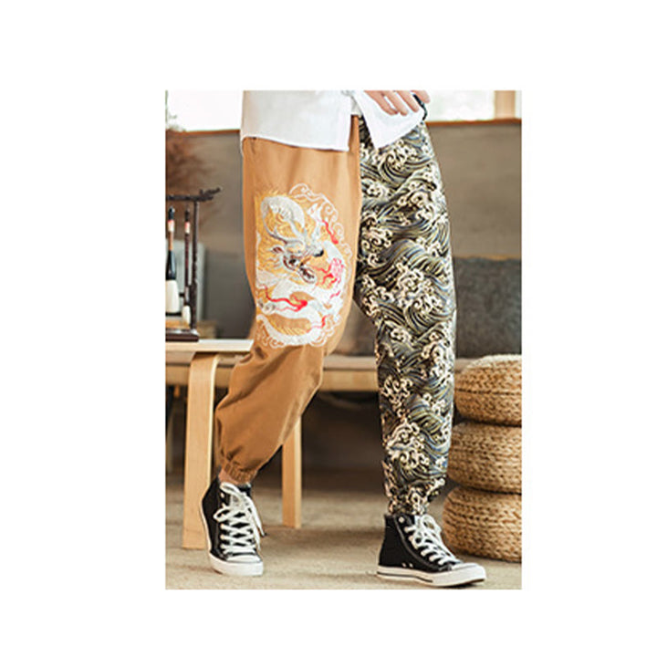 Buddha Stones龍柄ツートンポケット付きメンズパンツ - image 7
