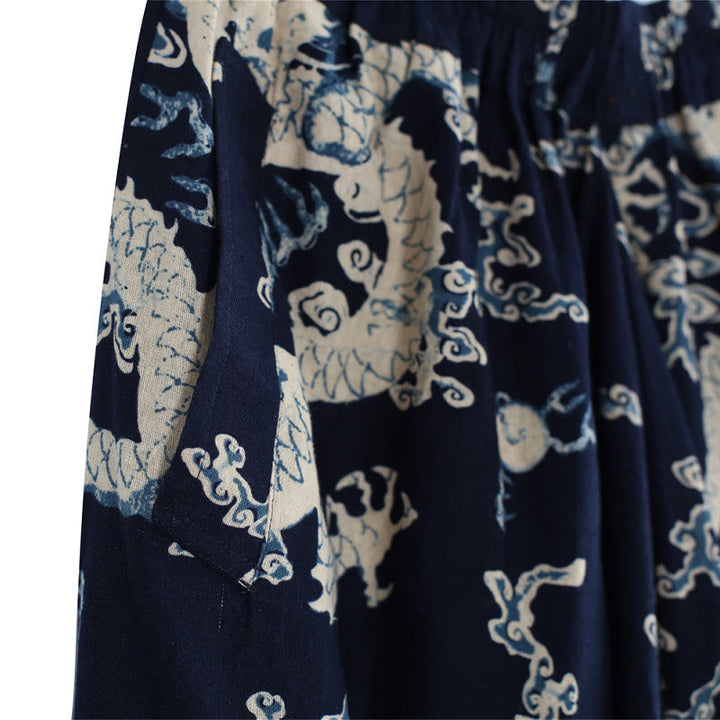 Buddha Stones中国龍柄 伸縮性ウエスト エスニック コットンリネン メンズ ポケット付きパンツ - image 8