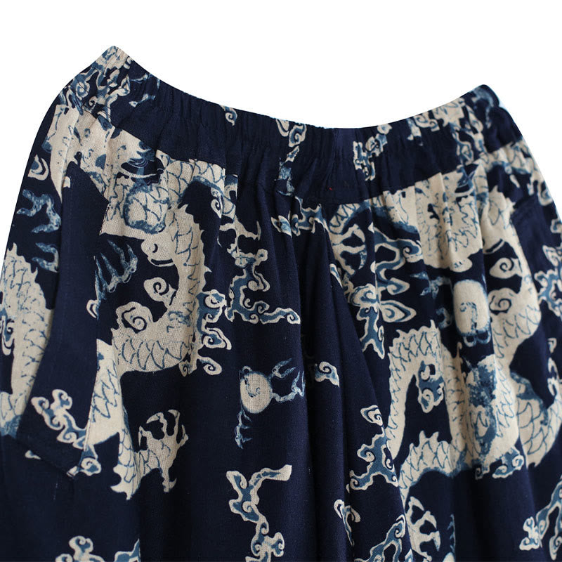 Buddha Stones中国龍柄 伸縮性ウエスト エスニック コットンリネン メンズ ポケット付きパンツ - image 7