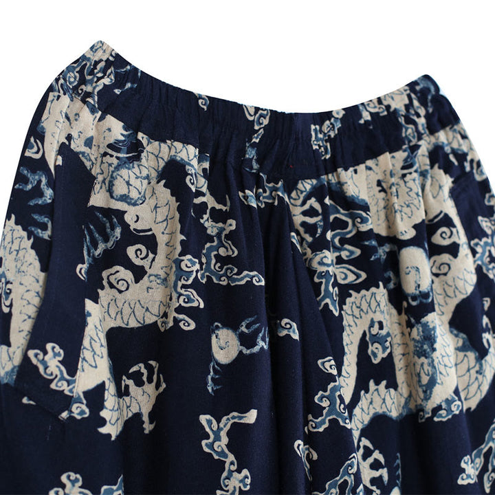 Buddha Stones中国龍柄 伸縮性ウエスト エスニック コットンリネン メンズ ポケット付きパンツ - image 7