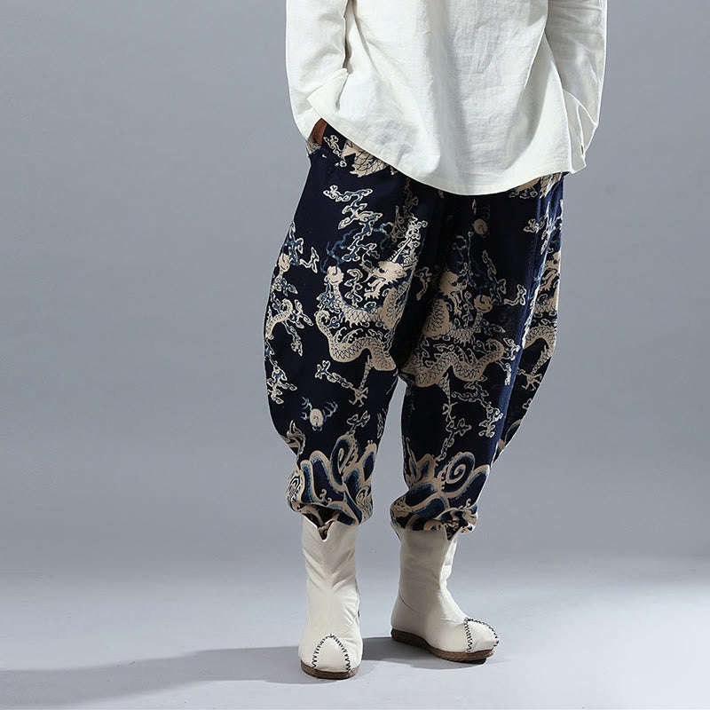 Buddha Stones中国龍柄 伸縮性ウエスト エスニック コットンリネン メンズ ポケット付きパンツ - image 5