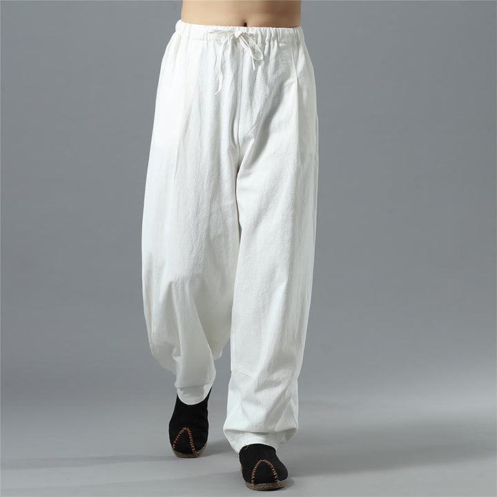 Buddha Stonesカジュアル 無地 ドローストリング コットン リネン メンズ パンツ ポケット付き - image 3