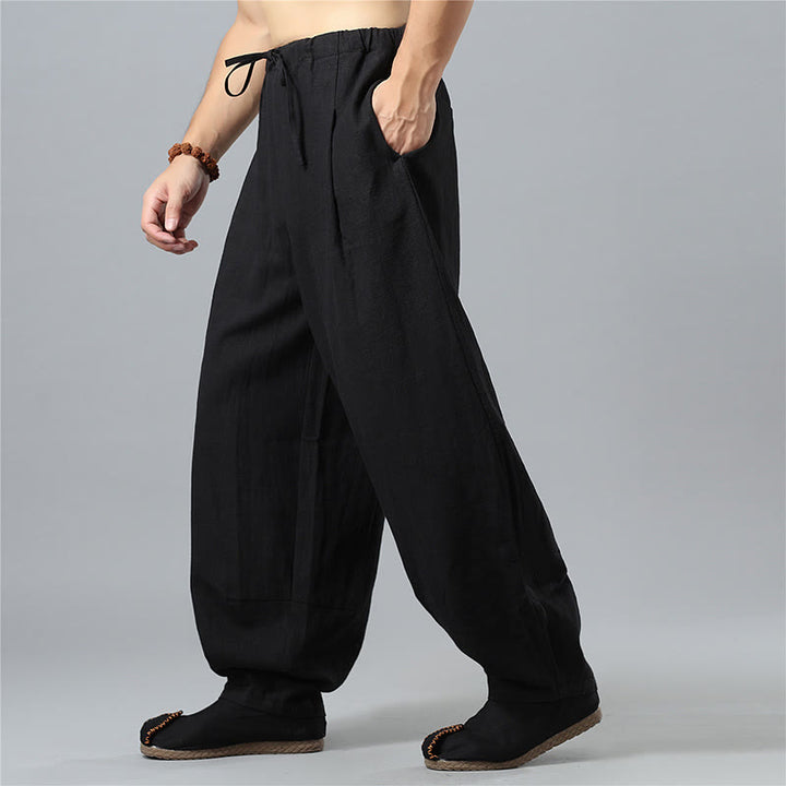 Buddha Stonesカジュアル 無地 ドローストリング コットン リネン メンズ パンツ ポケット付き - image 13