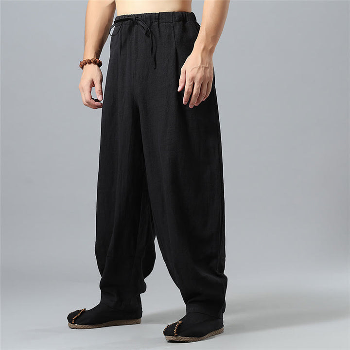 Buddha Stonesカジュアル 無地 ドローストリング コットン リネン メンズ パンツ ポケット付き - image 12