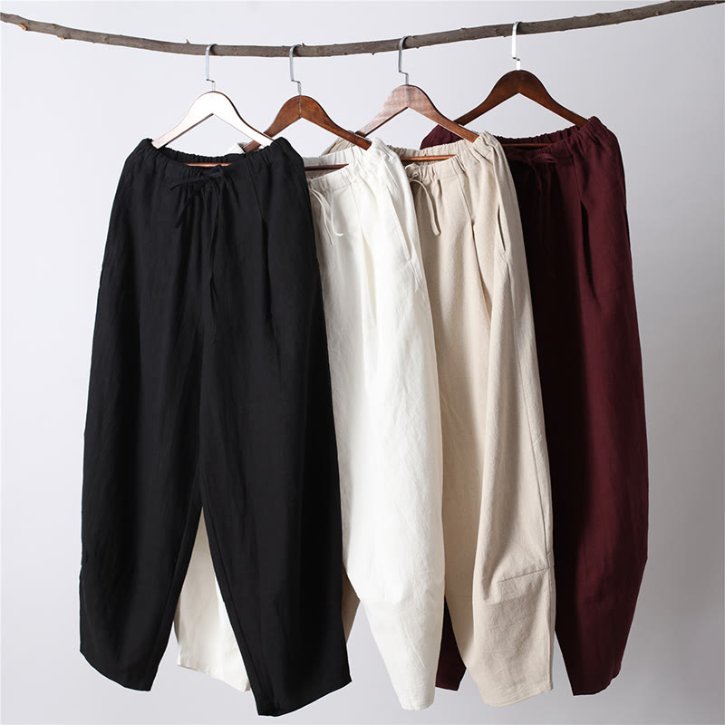 Buddha Stonesカジュアル 無地 ドローストリング コットン リネン メンズ パンツ ポケット付き - image 2