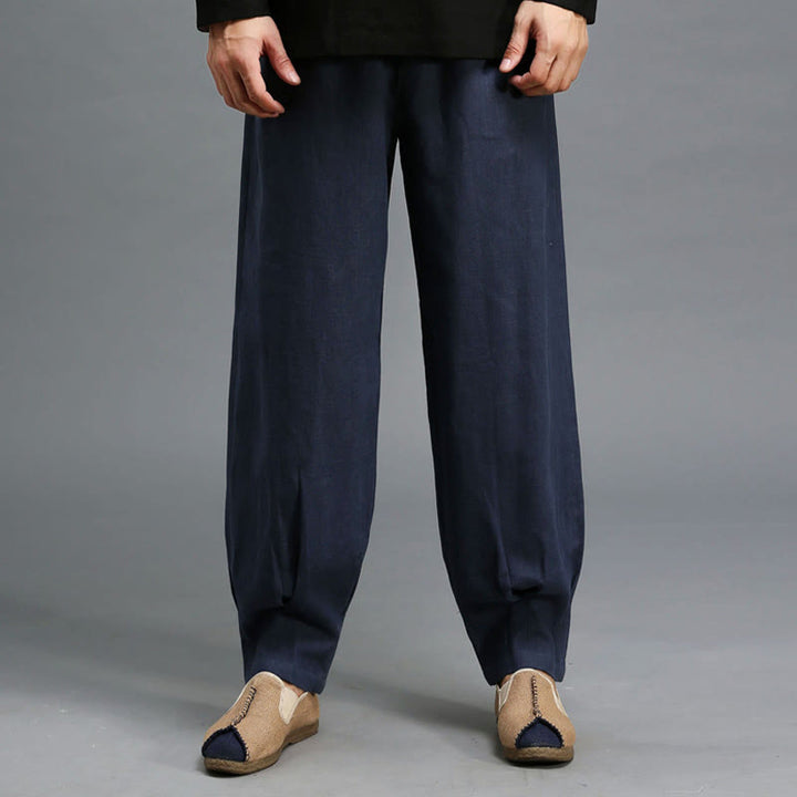 Buddha Stonesカジュアル 無地 伸縮性 ドローストリング ラミー リネン メンズ パンツ ポケット付き - image 11