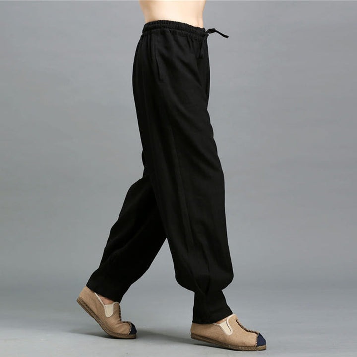 Buddha Stonesカジュアル 無地 伸縮性 ドローストリング ラミー リネン メンズ パンツ ポケット付き - image 18