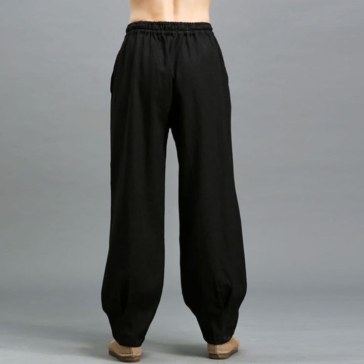 Buddha Stonesカジュアル 無地 伸縮性 ドローストリング ラミー リネン メンズ パンツ ポケット付き - image 15