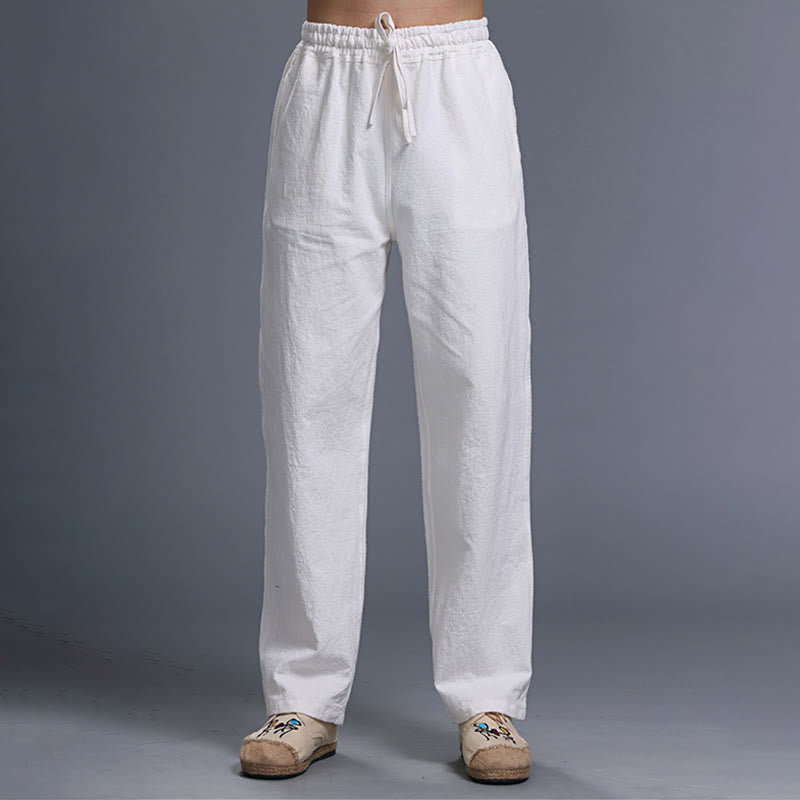 Buddha Stonesカジュアル 無地 ドローストリング リネン メンズ パンツ ポケット付き - 白 - US/UK/AU38、 EU48 (XL) - image 0