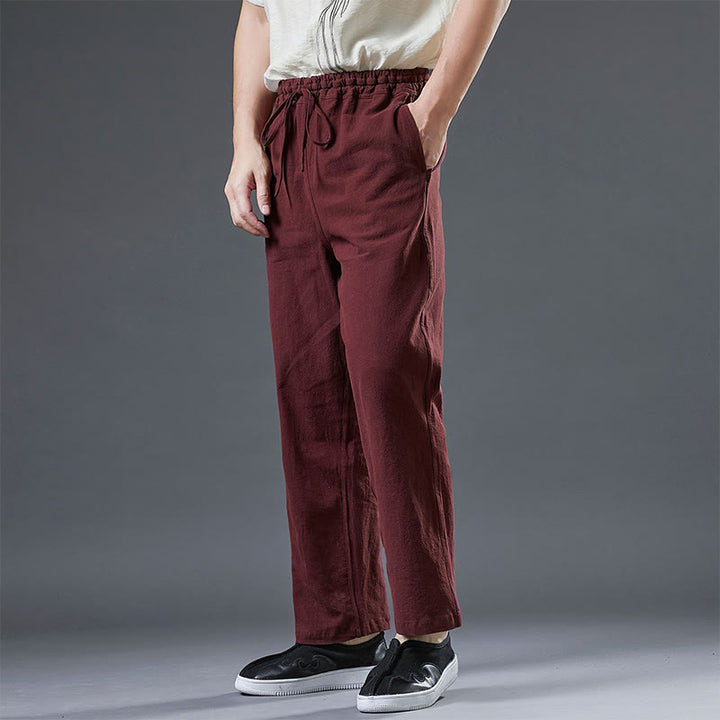 Buddha Stonesカジュアル 無地 ドローストリング リネン メンズ パンツ ポケット付き - マルーン - US/UK/AU38、 EU48 (XL) - image 14